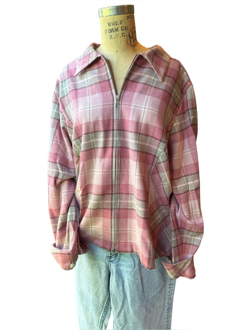 Pendleton Vintage 100% Wool Pink Plaid Zip Front Jacket XL